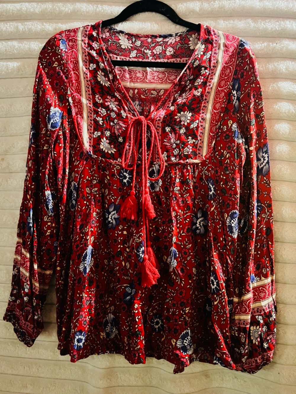 Boho Floral Tie-Neck Tunic Top - Red